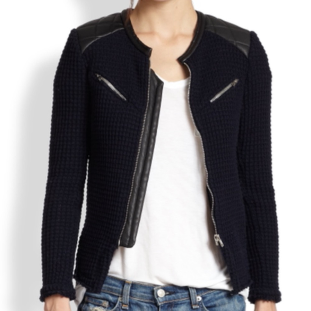 IRO navy blue Ceylona waffle knit jacket with leather trim